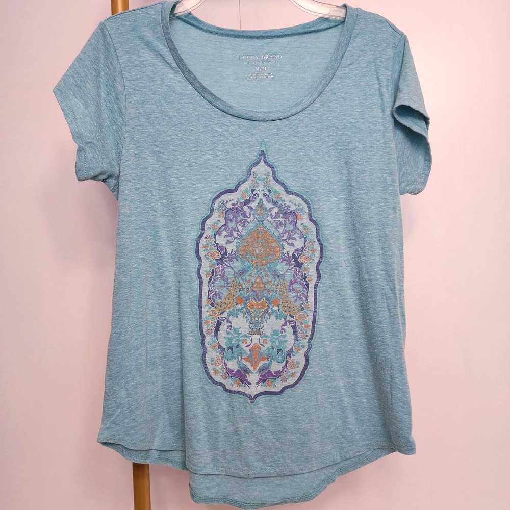 M Blue Lucky Brand Tee with Peacocks, Size Medium